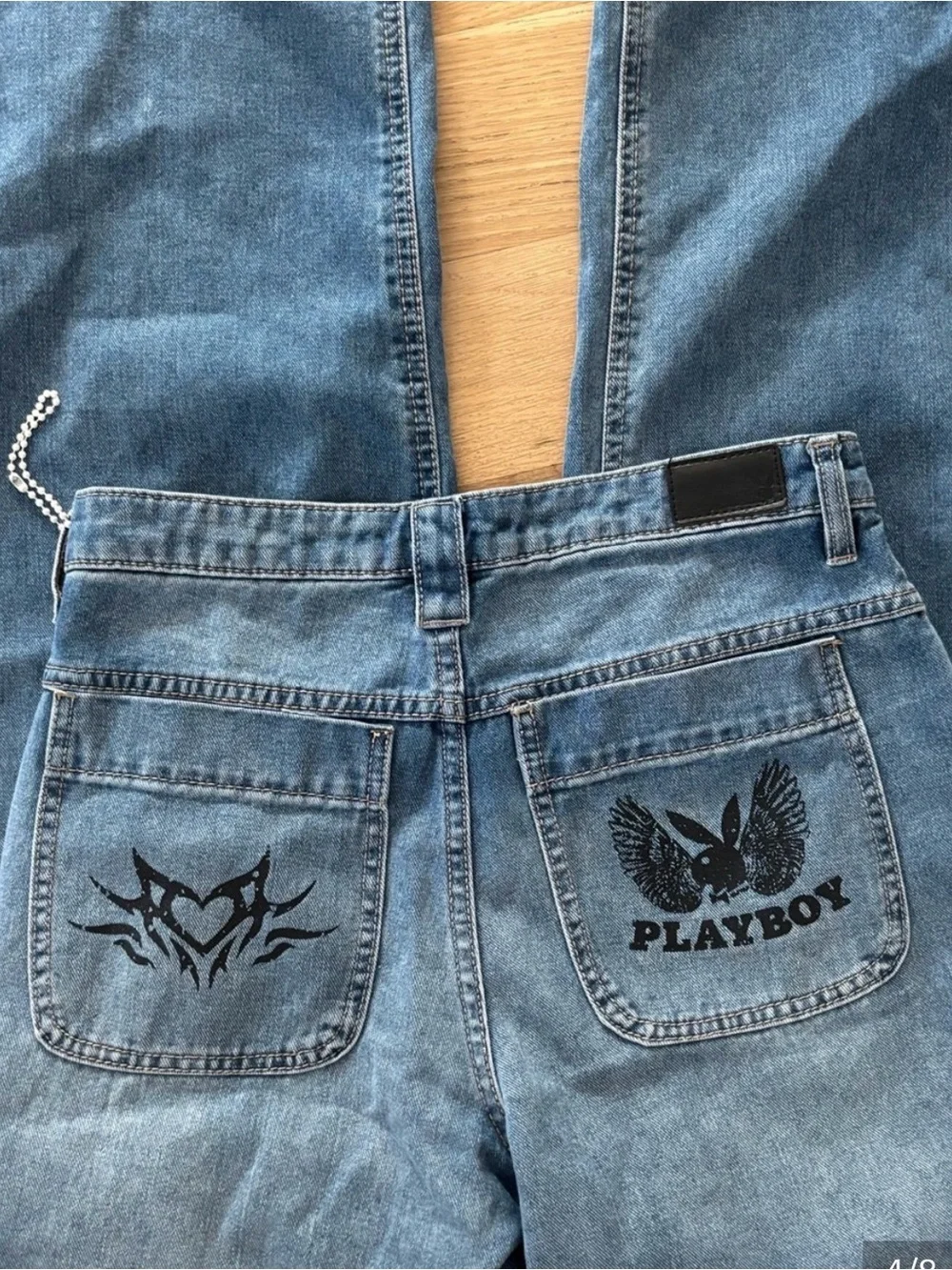 PLAYBOY Blue Wide-Leg Jeans with Black Graphic Prints 7